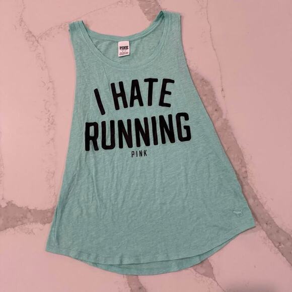 PINK Victorias Secret I Hate Running Graphic Athletic TankTop Womens Small Green - Picture 1 of 5
